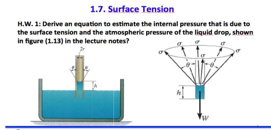 1.7. Surface Tension
H.W. 1: Derive an equation to estimate the internal pressure that is due to
the surface tension and the atmospheric pressure of the liquid drop, shown
in figure (1.13) in the lecture notes?
2r
W
