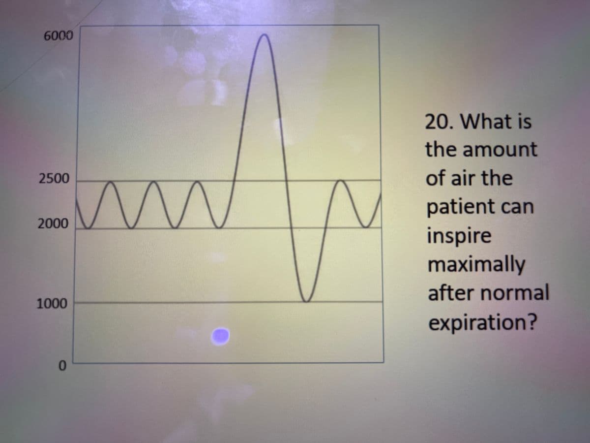 6000
20. What is
the amount
2500
of air the
patient can
inspire
maximally
after normal
2000
1000
expiration?
