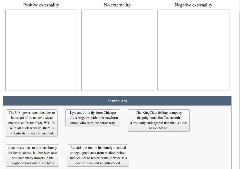 Positive externality
No externality
Negative externality
Answer Bank
The U.S. government decides to
Lyle and Julia
from
The
hing company
icago
house all of its nuclear waste
to Los Angeles with their newborn
infant who cries the entire way
illegally hunts the Coelacanth,
material at Cactus Cliff, WY. As
a critically endangered fish that is close
to extinction
with all nuclear waste, there is
no fail-safe protection method
Jane raises bees to produce honey
Ronald, the first in his family to attend
for her business, but her bees also
college, graduates from medical school
pollinate many flowers in the
neighborhood where she lives.
and decides to return home to work as a
doctor in his old neighborhood.
