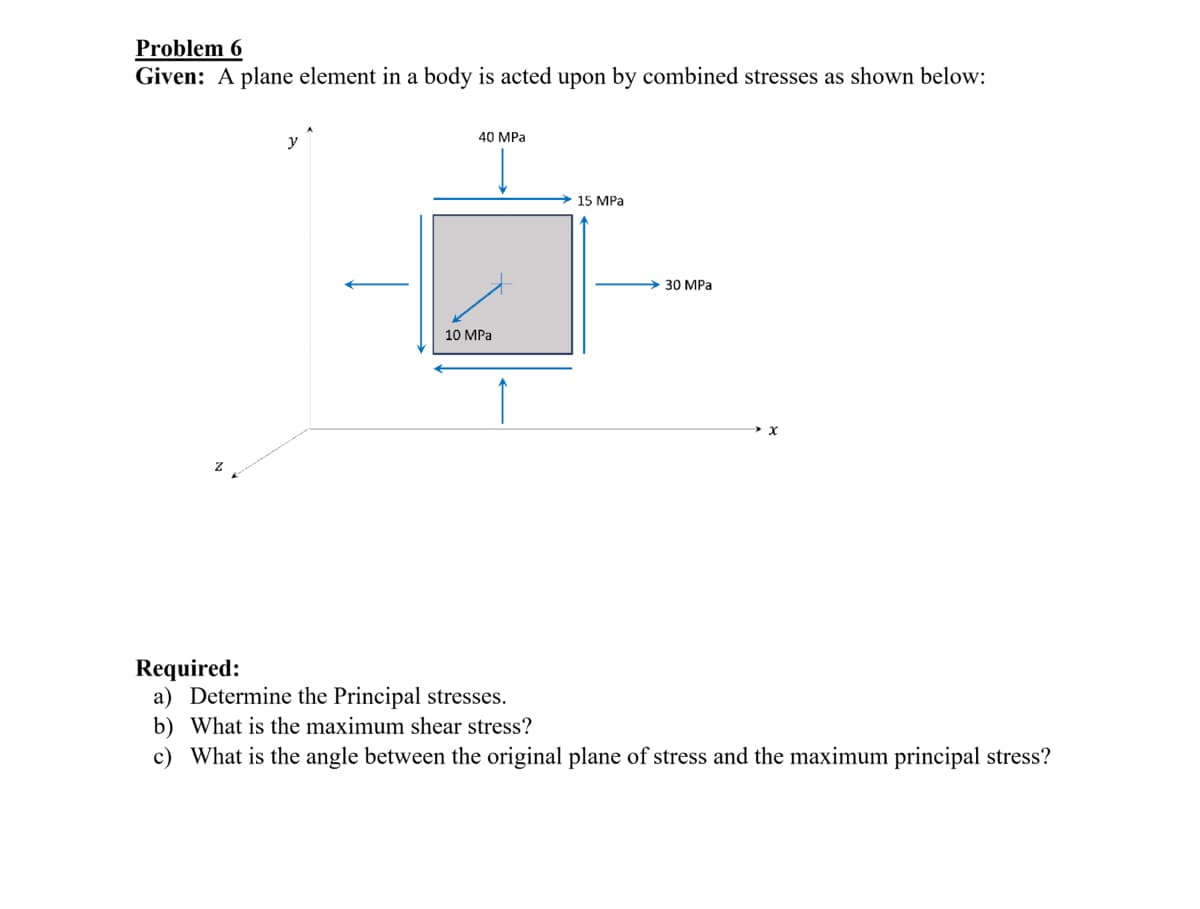 Problem 6
Given: A plane element in a body is acted upon by combined stresses as shown below:
y
40 MPa
10 MPa
15 MPa
30 MPa
Required:
a) Determine the Principal stresses.
b) What is the maximum shear stress?
c) What is the angle between the original plane of stress and the maximum principal stress?