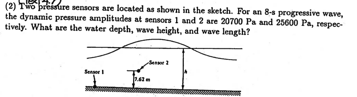 (2) Two pressure sensors are located as shown in the sketch. For an 8-s progressive wave,
the dynamic pressure amplitudes at sensors 1 and 2 are 20700 Pa and 25600 Pa, respec-
tively. What are the water depth, wave height, and wave length?
Sensor I
Sensor 2
7.62 m