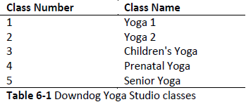 Class Number
1
2
3
4
5
Class Name
Yoga 1
Yoga 2
Children's Yoga
Prenatal Yoga
Senior Yoga
Table 6-1 Downdog Yoga Studio classes