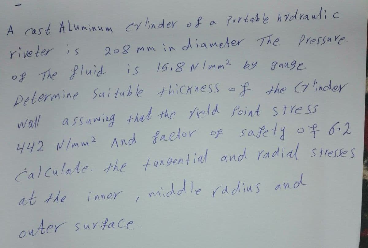 A cast A Luminum cylinder of
a Portable hvdrauli c
208 mm in diameter The
15,8 NImm2 by gauge
riveter is
Pressure.
of The fluid is
petermine Sui table thickness of the 7inder
f the C linder
assuming that the Yield Point stress
wall
442 N/mm2 And factor of safety of 6.2
Calculate. the tangential and radial stresses
middle radius and
at the
inner
outer surface.
