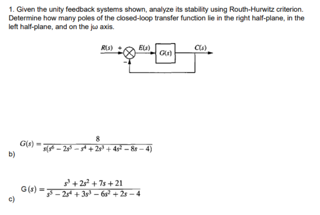 1. Given the unity feedback systems shown, analyze its stability using Routh-Hurwitz criterion.
Determine how many poles of the closed-loop transfer function lie in the right half-plane, in the
left half-plane, and on the jw axis.
R(s) +
E(s)
C(s)
G(s)
8.
G(s)
s(s6 – 255
s4 + 2s3 + 4s² – 8s – 4)
b)
G (s)
c)
3 + 252 + 7s + 21
g5 – 254 + 3s3 –- 6s² + 2s – 4
