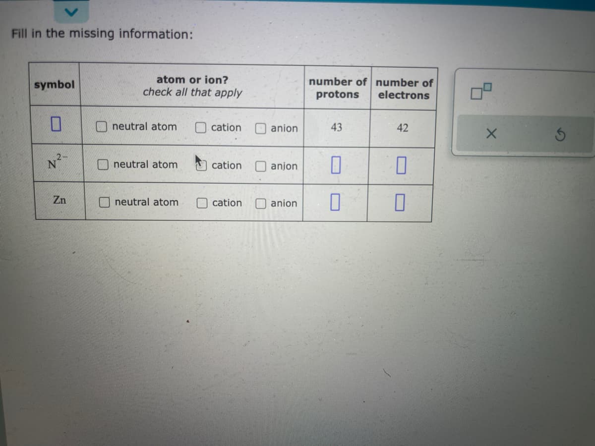 Fill in the missing information:
symbol
0
N²-
Zn
atom or ion?
check all that apply
neutral atom
neutral atom
neutral atom
cation
cation
cation
anion
number of number of
protons
electrons
anion
43
anjon 0
0
42
0
0
X