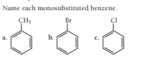 Name each monosubstituted benzene.
CH3
Br
a.
b.
C.
