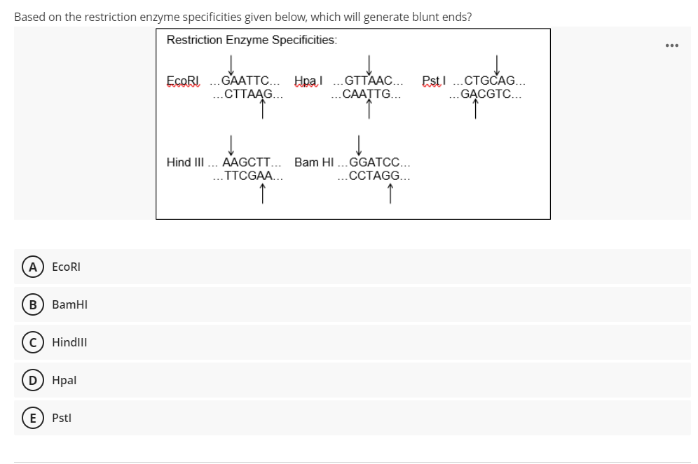 Based on the restriction enzyme specificities given below, which will generate blunt ends?
Restriction Enzyme Specificities:
...
ECORI .GAATTC...
.CTTAAG...
.GTTAAC...
CAATTG.
CTGCAG..
GẠCGTC...
Hpal
PstI
Hind III ... AAGCTT...
ITCGAA...
Bam HI ...GGATCC...
..CCTAGG...
A) EcoRI
B) BamHI
c) Hindll
D Hpal
E
Pstl
