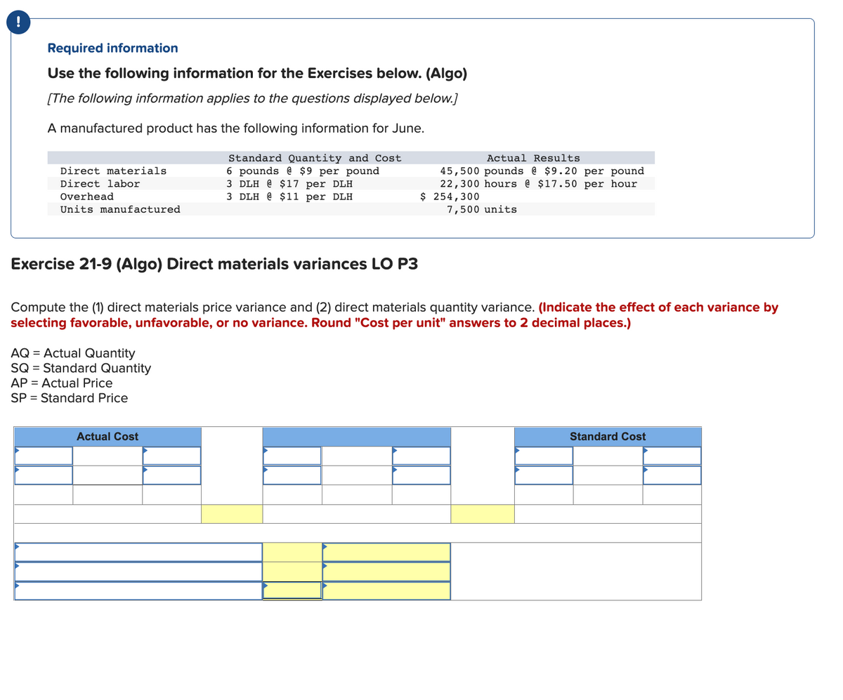 Required information
Use the following information for the Exercises below. (Algo)
[The following information applies to the questions displayed below.]
A manufactured product has the following information for June.
Direct materials
Direct labor
Overhead
Units manufactured
Exercise 21-9 (Algo) Direct materials variances LO P3
Standard Quantity and Cost
6 pounds @ $9 per pound
3 DLH @ $17 per DLH
3 DLH @ $11 per DLH
AQ = Actual Quantity
SQ = Standard Quantity
AP = Actual Price
SP = Standard Price
Actual Cost
Actual Results
45,500 pounds @ $9.20 per pound
22,300 hours @ $17.50 per hour
$ 254,300
Compute the (1) direct materials price variance and (2) direct materials quantity variance. (Indicate the effect of each variance by
selecting favorable, unfavorable, or no variance. Round "Cost per unit" answers to 2 decimal places.)
7,500 units
Standard Cost