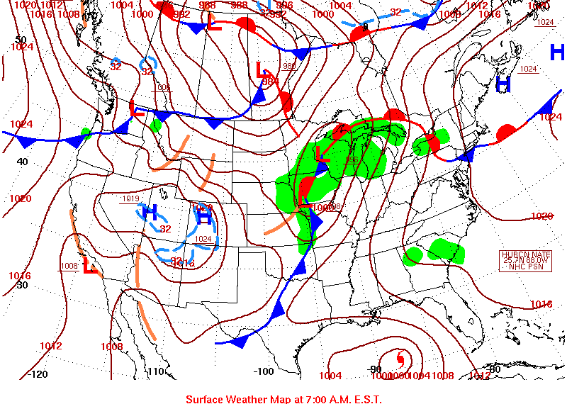 \10201012].
1016 1008
1024
1024
40
1020
1016
30
1008
1012
1008
-120
1004
988 988
1004
1000 982
1000
1005
1016
1019
32
1024
1216
98
10008
-100
-90
1004
180000010041008
Surface Weather Map at 7:00 A.M. E.S.T.
1024
1024
H
་ ་ ་ ་ ་ ་ ་
1024
HUBCN NATE]
25.7N 88.0W
..NHC PSN
1016