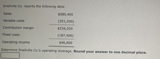 Snellville Co. reports the following data:
Sales
Variable costs
Contribution margin
Fixed costs
$585,400
(351,200)
$234,200
(187,400)
$46,800
Operating income
Determine Snellville Co.'s operating leverage. Round your answer to one decimal place.