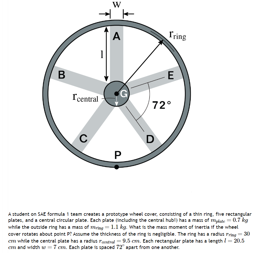 B
Ť
Icentral
C
W
A
G
P
fring
D
E
72°
A student on SAE formula 1 team creates a prototype wheel cover, consisting of a thin ring, five rectangular
plates, and a central circular plate. Each plate (including the central hub!) has a mass of mplate = 0.7 kg
while the outside ring has a mass of mring = 1.1 kg. What is the mass moment of inertia if the wheel
cover rotates about point P? Assume the thickness of the ring is negligible. The ring has a radius fring = 30
cm while the central plate has a radius central = 9.5 cm. Each rectangular plate has a length / = 20.5
cm and width w = 7 cm. Each plate is spaced 72° apart from one another.