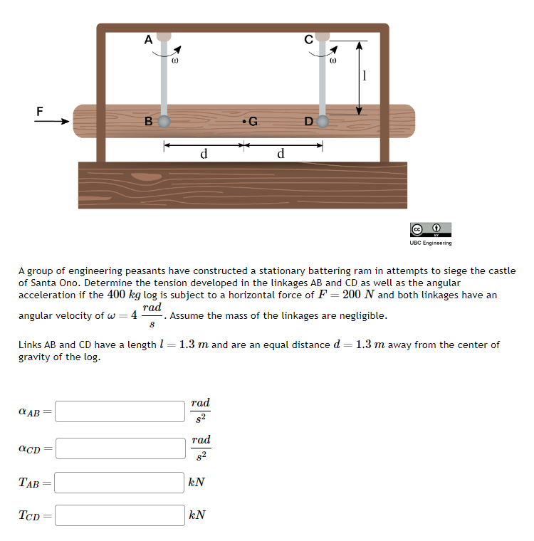 F
α AB
aCD
TAB
TCD
A
-
B
=
d
A group of engineering peasants have constructed a stationary battering ram in attempts to siege the castle
of Santa Ono. Determine the tension developed in the linkages AB and CD as well as the angular
acceleration if the 400 kg log is subject to a horizontal force of F= 200 N and both linkages have an
rad
angular velocity of w = 4
Assume the mass of the linkages are negligible.
8
Links AB and CD have a length 1 = 1.3 m and are an equal distance d = 1.3 m away from the center of
gravity of the log.
rad
8²
rad
8²
•G
kN
d
kN
с
D
3
1
UBC Engineering