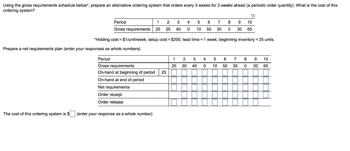 Using the gross requirements schedule below*, prepare an alternative ordering system that orders every 3 weeks for 3 weeks ahead (a periodic order quantity). What is the cost of this
ordering system?
Period
1 2 3 4 5 6 7
Gross requirements 25 20 40 0 10 50 30
The cost of this ordering system is $
Prepare a net requirements plan (enter your responses as whole numbers).
*Holding cost = $1/unit/week; setup cost = $200; lead time = 1 week; beginning inventory = 25 units.
Period
Gross requirements
On-hand at beginning of period
On-hand at end of period
Net requirements
Order receipt
Order release
(enter your response as a whole number).
25
1
25
2
20
3
40
4
5
0 10
8
0
6
50
9 10
30 65
7
30
8 9 10
0
30 65