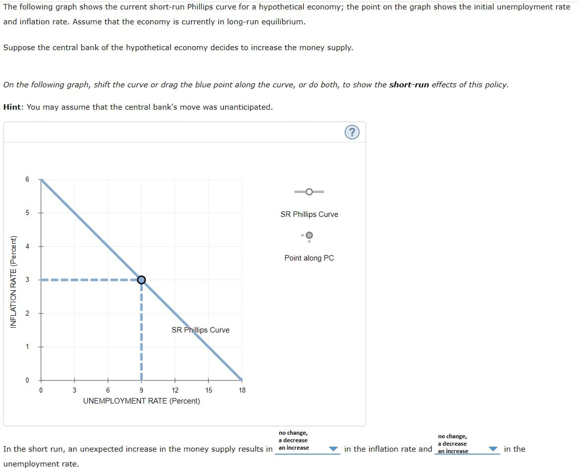 The following graph shows the current short-run Phillips curve for a hypothetical economy; the point on the graph shows the initial unemployment rate
and inflation rate. Assume that the economy is currently in long-run equilibrium.
Suppose the central bank of the hypothetical economy decides to increase the money supply.
On the following graph, shift the curve or drag the blue point along the curve, or do both, to show the short-run effects of this policy.
Hint: You may assume that the central bank's move was unanticipated.
INFLATION RATE (Percent)
5
0
3
9
SR Phillips Curve
6
12
UNEMPLOYMENT RATE (Percent)
15
18
SR Phillips Curve
Point along PC
no change,
a decrease
In the short run, an unexpected increase in the money supply results in an increase
unemployment rate.
?
no change,
a decrease
in the inflation rate and an increase
in the