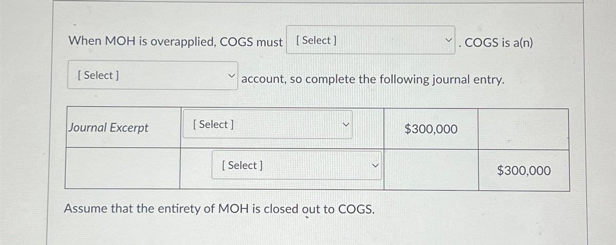 When MOH is overapplied, COGS must [Select]
[Select]
Journal Excerpt
[Select]
account, so complete the following journal entry.
[Select]
Assume that the entirety of MOH is closed out to COGS.
. COGS is a(n)
$300,000
$300,000