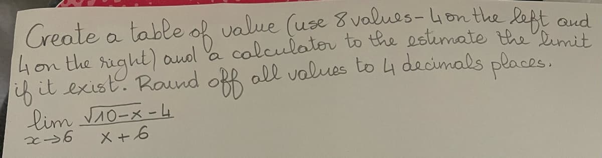 Create a table of value (use 8 values - 4 on the left and
(4 on the right) and a calculator to the estimate the limit
if it exist. Round off all values to 4 decimals places.
lim √10-x-4
x36
x + 6