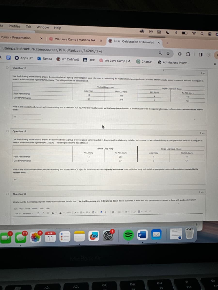 ks Profiles Tab Window
Help
Injury Presentation
×
We Love Camp | Mariana Tek
Quiz: Celebration of Knowled
+
utampa.instructure.com/courses/19788/quizzes/34209/take
BEO Apps UT
Tampa
UT CANVAS
OCC
We Love Camp | M...
ChatGPT
Admissions Inform...
Question 16
1 pts
Use the following information to answer the question below. A group of investigators were interested in determining the relationship between performance on two different visually scored pre-season tests and subsequent in-
season anterior cruciate ligament (ACL) injury. The table provides the data obtained.
Poor Performance
Good Performance
Vertical Drop Jump
No ACL Injury
ACL injury
13
31
203
274
Single-Leg Squat (Knee)
ACL Injury
No ACL Injury
4
111
3
134
What is the association between performance rating and subsequent ACL injury for the visually scored vertical drop jump observed in this study (calculate the appropriate measure of association-rounded to the nearest
tenth)?
06
Question 17
1 pts
Use the following information to answer the question below. A group of investigators were interested in determining the relationship between performance on two different visually scored pre-season tests and subsequent in-
season anterior cruciate ligament (ACL) injury. The table provides the data obtained.
Poor Performance
Good Performance
Vertical Drop Jump
ACL injury
13
No ACL Injury
203
274
31
Single-Leg Squat (Knee)
ACL Injury
No ACL Injury
4
111
3
134
What is the association between performance rating and subsequent ACL injury for the visually scored single-leg squat-knee observed in this study (calculate the appropriate measure of association-rounded to the
nearest tenth)?
16
Question 18
What would be the most appropriate interpretation of these data for the 1) Vertical Drop Jump and 2) Single-leg Squat (knee) outcomes in those with poor performance compared to those with good performance?
Edit View Insert Format Tools Table
12pt Paragraph v
BIUART
DOO
000
313
APR
11
MacBook Air
2
W
DII
44
FR
F9
F10
F
9
F11