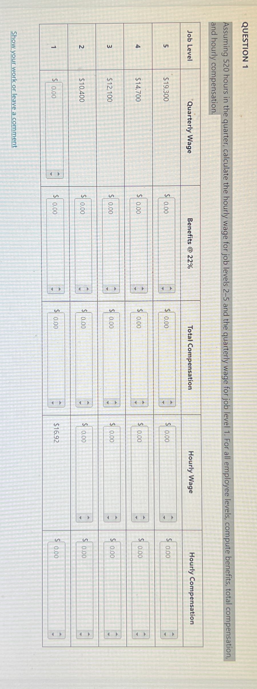 QUESTION 1
Assuming 520 hours in the quarter, calculate the hourly wage for job levels 2-5 and the quarterly wage for job level 1. For all employee levels, compute benefits, total compensation,
and hourly compensation.
Job Level
5
4
3
2
1
Quarterly Wage
$19,300
$14,700
$12,100
$10,400
$ 0.00
Show your work or leave a comment
$ 0.00
$ 0.00
$ 0.00
$ 0.00
$ 0.00
Benefits @ 22%
Total Compensation
$ 0.00
$ 0.00
$ 0.00
0.00
0.00
$ 0.00
0.00
$ 0.00
$0.00
$16.92
Hourly Wage
Hourly Compensation
$ 0.00
$ 0.00
$ 0.00
$ 0.00
$ 0.00
2
HE
3
36