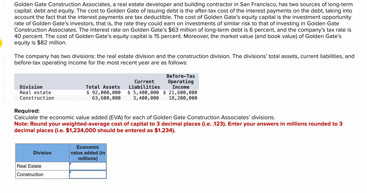 Golden Gate Construction Associates, a real estate developer and building contractor in San Francisco, has two sources of long-term
capital: debt and equity. The cost to Golden Gate of issuing debt is the after-tax cost of the interest payments on the debt, taking into
account the fact that the interest payments are tax deductible. The cost of Golden Gate's equity capital is the investment opportunity
rate of Golden Gate's investors, that is, the rate they could earn on investments of similar risk to that of investing in Golden Gate
Construction Associates. The interest rate on Golden Gate's $63 million of long-term debt is 6 percent, and the company's tax rate is
40 percent. The cost of Golden Gate's equity capital is 15 percent. Moreover, the market value (and book value) of Golden Gate's
equity is $82 million.
The company has two divisions: the real estate division and the construction division. The divisions' total assets, current liabilities, and
before-tax operating income for the most recent year are as follows:
Division
Real estate
Construction
Division
Total Assets
$ 92,000,000
63,600,000
Required:
Calculate the economic value added (EVA) for each of Golden Gate Construction Associates' divisions.
Note: Round your weighted-average cost of capital to 3 decimal places (i.e. .123). Enter your answers in millions rounded to 3
decimal places (i.e. $1,234,000 should be entered as $1.234).
Real Estate
Construction
Before-Tax
Current Operating
Liabilities Income
$5,400,000 $ 21,600,000
3,400,000 18,200,000
Economic
value added (in
millions)
