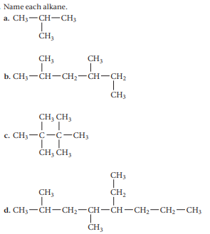 Name each alkane.
a. CH3-CH-CH3
ČH;
CH;
CH3
b. CH3-CH-CH2-CH-CH2
ČH3
CH, CH,
c. CH3-C-C-CH3
ČH, ČH3
CH3
CH,
CH2
d. CH3-CH-CH2-CH-CH-CH2-CH2-CH3
ČH3
