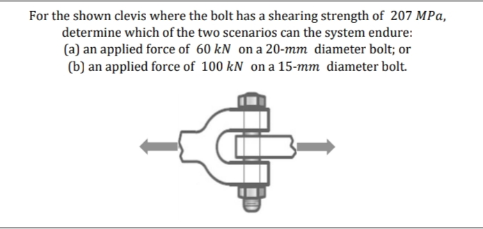 For the shown clevis where the bolt has a shearing strength of 207 MPa,
determine which of the two scenarios can the system endure:
(a) an applied force of 60 kN on a 20-mm diameter bolt; or
(b) an applied force of 100 kN on a 15-mm diameter bolt.
