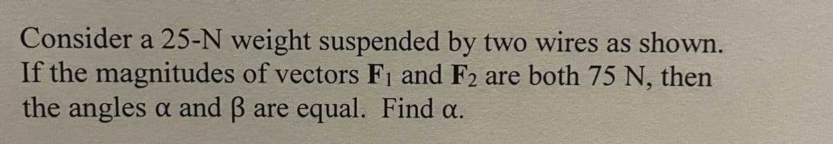 Consider a 25-N weight suspended by two wires as shown.
If the magnitudes of vectors F₁ and F2 are both 75 N, then
the angles a and ß are equal. Find a.