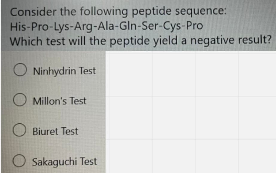 Consider the following peptide sequence:
His-Pro-Lys-Arg-Ala-Gln-Ser-Cys-Pro
Which test will the peptide yield a negative result?
O Ninhydrin Test
O Millon's Test
O Biuret Test
O Sakaguchi Test
