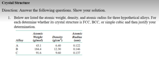 Crystal Structure
Direction: Answer the following questions. Show your solution.
1. Below are listed the atomic weight, density, and atomic radius for three hypothetical alloys. For
each determine whether its crystal structure is FCC, BCC, or simple cubic and then justify your
determination.
Atomic
Weight
(g/mol)
Density
(g/cm")
Atomic
Radius
(пт)
Alloy
A
B
43.1
184.4
6.40
12.30
0.122
0.146
0.137
91.6
9.60
