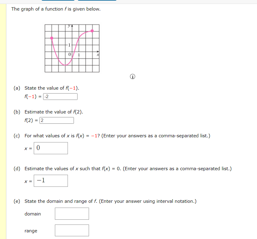 The graph of a function f is given below.
01
(a) State the value of f(-1).
f(-1)=-2
(b) Estimate the value of f(2).
(c)
f(2) = 2
For what values of x is f(x) = -1? (Enter your answers as a comma-separated list.)
x = 0
(d) Estimate the values of x such that f(x) = 0. (Enter your answers as a comma-separated list.)
x = -1
(e) State the domain and range of f. (Enter your answer using interval notation.)
domain
range