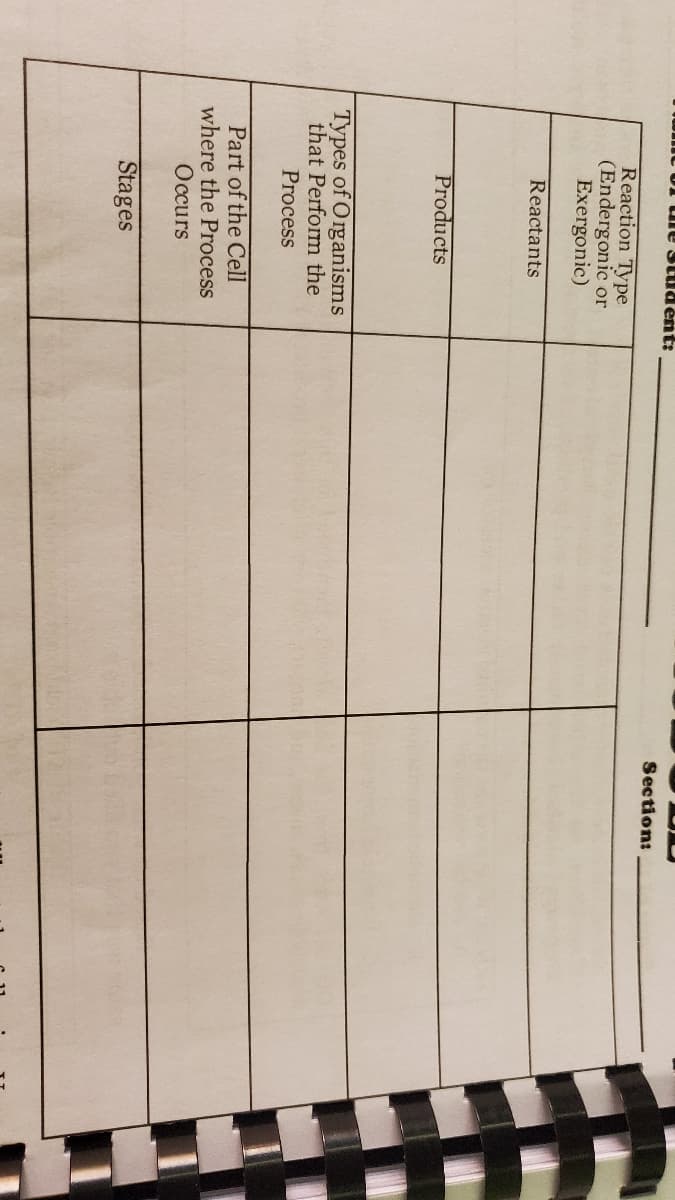 uie Student:
Section:
Reaction Type
(Endergonic or
Exergonic)
Reactants
Products
Types of Organisms
that Perform the
Process
Part of the Cell
where the Process
Occurs
Stages
