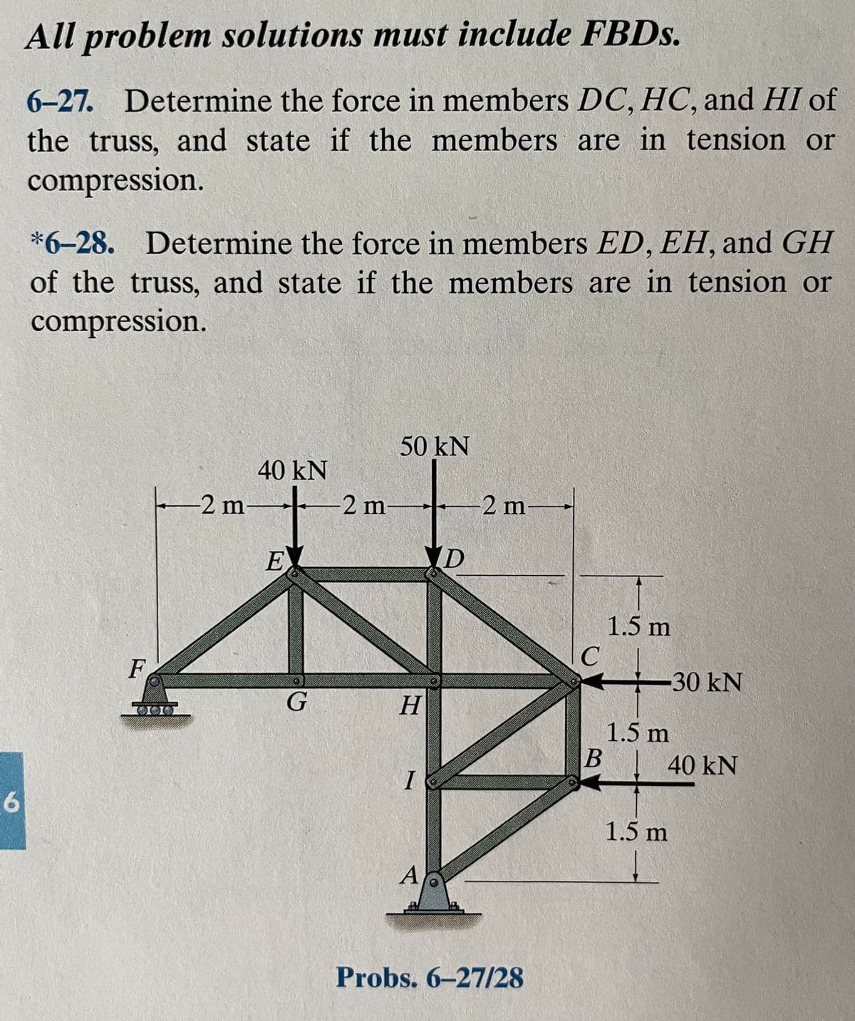 All problem solutions must include FBDS.
6–27. Determine the force in members DC, HC, and HI of
the truss, and state if the members are in tension or
compression.
*6-28. Determine the force in members ED, EH, and GH
of the truss, and state if the members are in tension or
compression.
50 kN
40 kN
-2 m-
-2 m-
-2 m-
E
YD
1.5 m
F
+-30 kN
Н
1.5 m
40 kN
9.
1.5 m
A
Probs. 6–27/28
