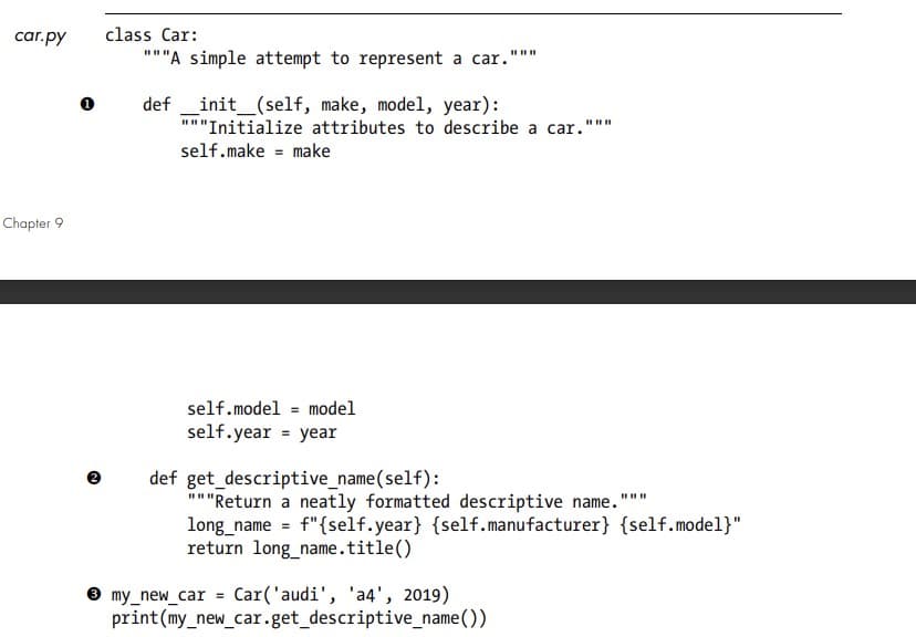 car.py
Chapter 9
class Car:
"""A simple attempt to represent a car.
definit_(self, make, model, year):
"""Initialize attributes to describe a car."""
self.make make
=
self.model model
self.year = year
def get_descriptive_name(self):
||||||
""Return a neatly formatted descriptive name."
long_name = f"{self.year} {self.manufacturer} {self.model}"
return long_name.title()
=
3 my_new_car
Car('audi', 'a4', 2019)
print (my_new_car.get_descriptive_name())
|||||