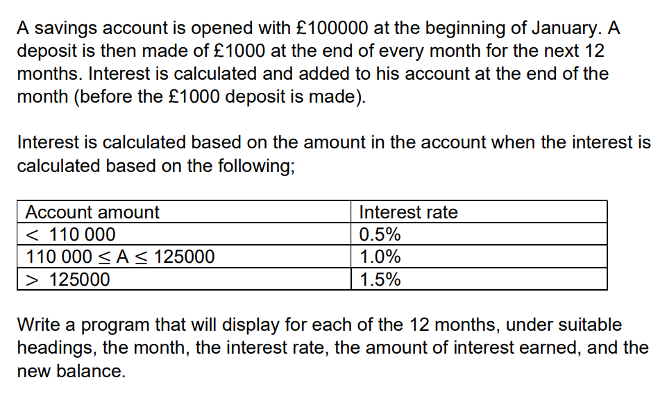 A savings account is opened with £100000 at the beginning of January. A
deposit is then made of £1000 at the end of every month for the next 12
months. Interest is calculated and added to his account at the end of the
month (before the £1000 deposit is made).
Interest is calculated based on the amount in the account when the interest is
calculated based on the following;
Account amount
Interest rate
0.5%
< 110 000
1.0%
110 000 ≤ A ≤ 125000
> 125000
1.5%
Write a program that will display for each of the 12 months, under suitable
headings, the month, the interest rate, the amount of interest earned, and the
new balance.