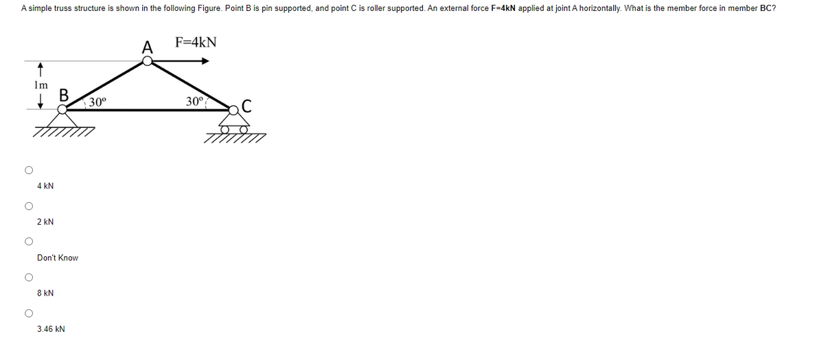 A simple truss structure is shown in the following Figure. Point B is pin supported, and point C is roller supported. An external force F=4kN applied at joint A horizontally. What is the member force in member BC?
↑
1m
O
O
4 KN
2 kN
B
Don't Know
8 kN
3.46 kN
30⁰
F=4KN
30⁰