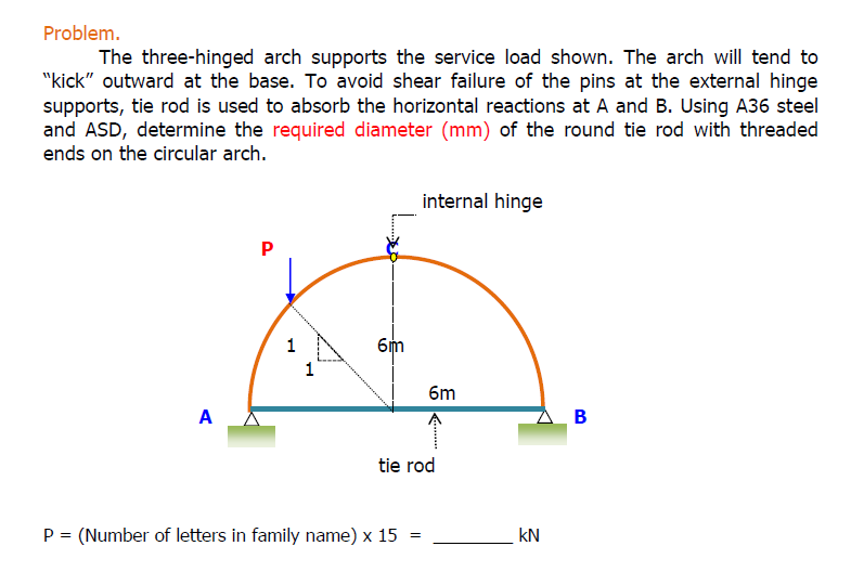 Problem.
The three-hinged arch supports the service load shown. The arch will tend to
"kick" outward at the base. To avoid shear failure of the pins at the external hinge
supports, tie rod is used to absorb the horizontal reactions at A and B. Using A36 steel
and ASD, determine the required diameter (mm) of the round tie rod with threaded
ends on the circular arch.
A
P
1
6m
P = (Number of letters in family name) x 15
internal hinge
tie rod
=
6m
Δ Β
KN