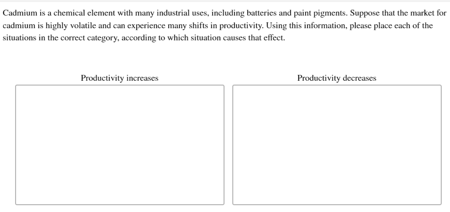 Cadmium is a chemical element with many industrial uses, including batteries and paint pigments. Suppose that the market for
cadmium is highly volatile and can experience many shifts in productivity. Using this information, please place each of the
situations in the correct category, according to which situation causes that effect.
Productivity increases
Productivity decreases