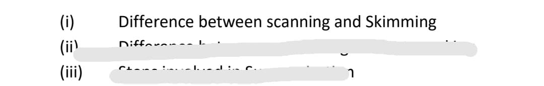 (i)
Difference between scanning and Skimming
(ii)
Diffarem--
(ii)
