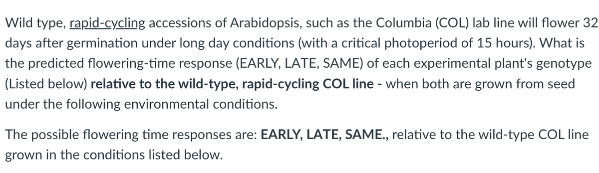 Wild type, rapid-cycling accessions of Arabidopsis, such as the Columbia (COL) lab line will flower 32
days after germination under long day conditions (with a critical photoperiod of 15 hours). What is
the predicted flowering-time response (EARLY, LATE, SAME) of each experimental plant's genotype
(Listed below) relative to the wild-type, rapid-cycling COL line - when both are grown from seed
under the following environmental conditions.
The possible flowering time responses are: EARLY, LATE, SAME., relative to the wild-type COL line
grown in the conditions listed below.