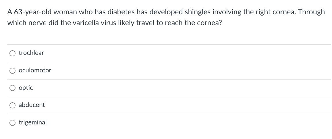 A 63-year-old woman who has diabetes has developed shingles involving the right cornea. Through
which nerve did the varicella virus likely travel to reach the cornea?
O trochlear
oculomotor
O optic
abducent
trigeminal