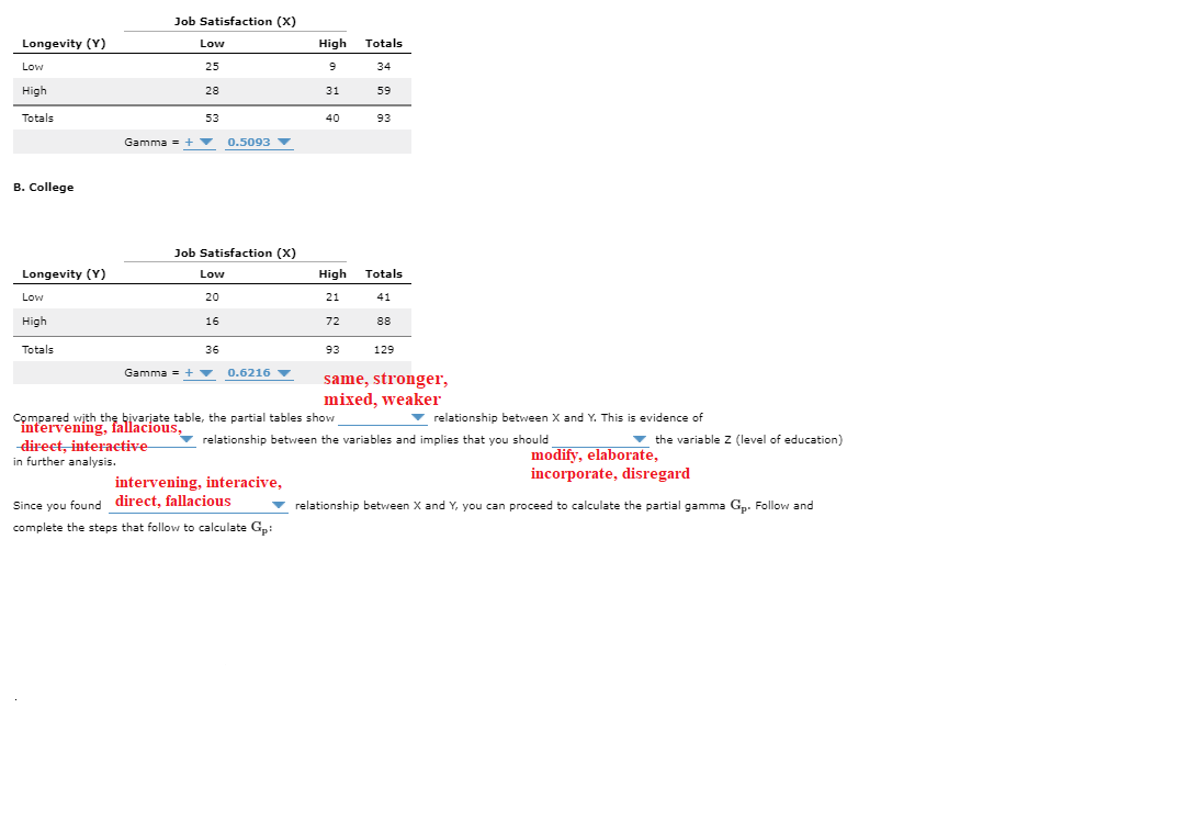 Job Satisfaction (X)
Longevity (Y)
Low
High
Totals
Low
25
34
High
28
31
59
Totals
53
40
93
Gamma = + ▼
0.5093 v
B. College
Job Satisfaction (X)
Longevity (Y)
Low
High
Totals
Low
20
21
41
High
16
72
88
Totals
36
93
129
Gamma = + ▼
0.6216 v
same, stronger,
mixed, weaker
v relationship between X and Y. This is evidence of
Compared wjth the bivarjate table, the partial tables show
intervening, fallacious,
direct, interactive
in further analysis.
*
relationship between the variables and implies that you should
v the variable z (level of education)
modify, elaborate,
incorporate, disregard
intervening, interacive,
Since you found direct, fallacious
v
relationship between X and Y, you can proceed to calculate the partial gamma Gp. Follow and
complete the steps that follow to calculate Gp:
