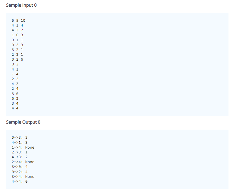 Sample Input 0
5 8 10
4 1 4
432
1 0 3
3 1 1
0 33
3 2 1
2 3 1
0 26
03
4 1
14
23
43
24
30
02
34
44
Sample Output 0
0->3: 3
4->1: 3
1->4: None
2->3: 1
4->3: 2
2->4: None
3->0: 4
0->2: 4
3->4: None
4->4: 0