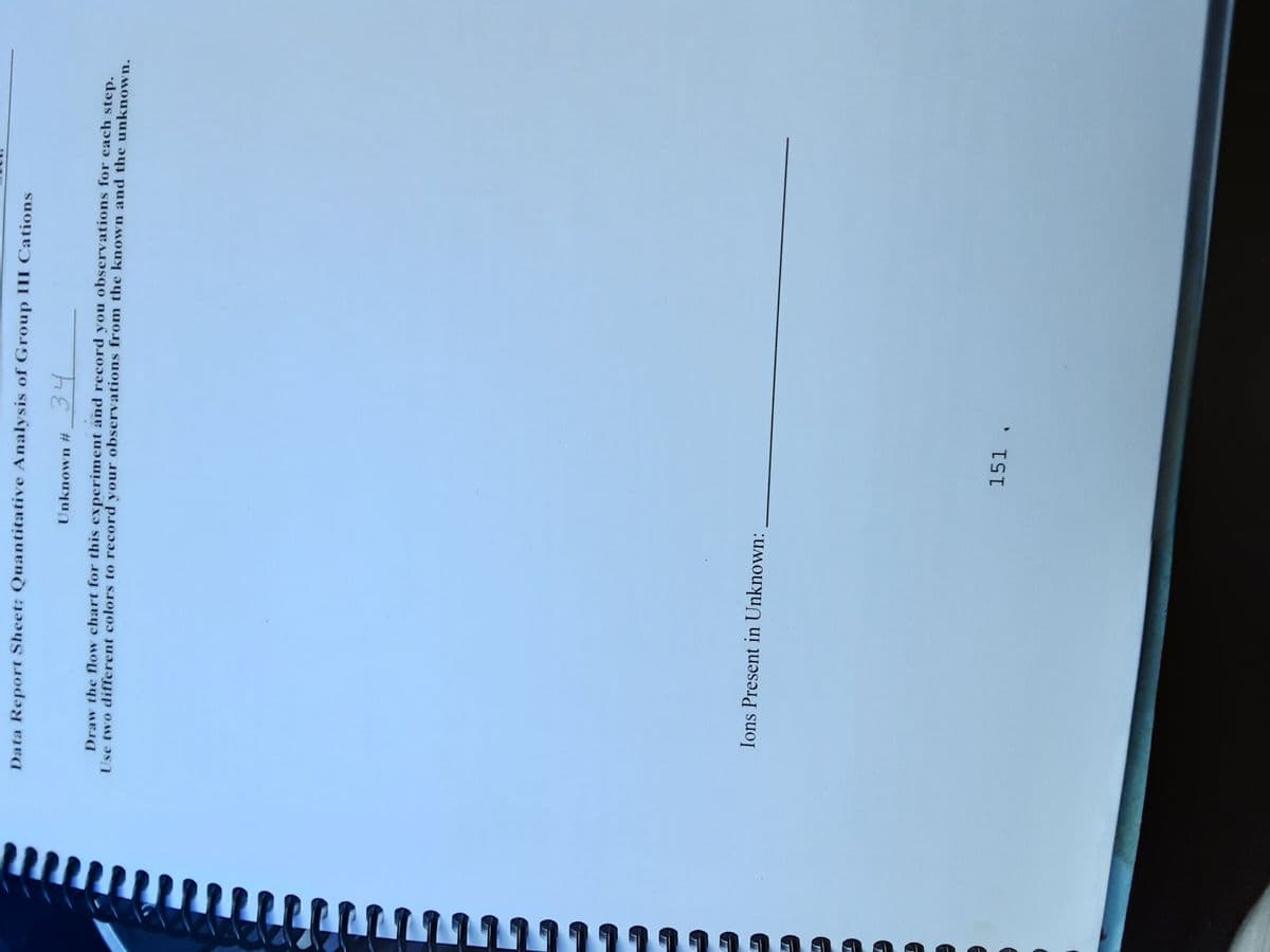 Data Report Sheet: Quantitative Analysis of Group III Cations
Unknown #_
34
Draw the flow chart for this experiment and record you observations for each step.
Use two different colors to record your observations from the known and the unknown.
Ions Present in Unknown:
151 ,
