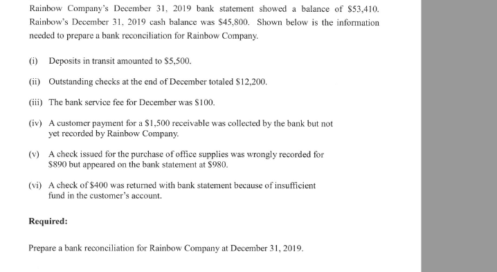 Rainbow Company's December 31, 2019 bank statement showed a balance of $53,410.
Rainbow's December 31, 2019 cash balance was $45,800. Shown below is the information
needed to prepare a bank reconciliation for Rainbow Company.
(i) Deposits in transit amounted to $5,500.
(ii) Outstanding checks at the end of December totaled $12,200.
(iii) The bank service fee for December was $100.
(iv) A customer payment for a $1,500 receivable was collected by the bank but not
yet recorded by Rainbow Company.
(v) A check issued for the purchase of office supplies was wrongly recorded for
$890 but appeared on the bank statement at $980.
(vi) A check of $400 was returned with bank statement because of insufficient
fund in the customer's account.
Required:
Prepare a bank reconciliation for Rainbow Company at December 31, 2019.
