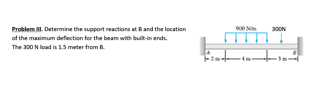 Problem IlI. Determine the support reactions at B and the location
900 N/m
300N
of the maximum deflection for the beam with built-in ends.
The 300 N load is 1.5 meter from B.
A
- 2 m--
B.
4 m
3 m
