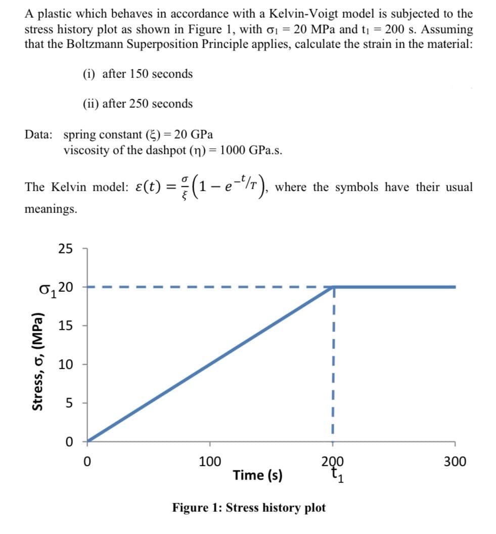 A plastic which behaves in accordance with a Kelvin-Voigt model is subjected to the
stress history plot as shown in Figure 1, with σ1 = 20 MPa and t₁ = 200 s. Assuming
that the Boltzmann Superposition Principle applies, calculate the strain in the material:
(i) after 150 seconds
(ii) after 250 seconds
Data: spring constant (ε) = 20 GPa
viscosity of the dashpot (n) = 1000 GPa.s.
The Kelvin model: ɛ(t) = ½- (1 − e¯/),
-
where the symbols have their usual
meanings.
Stress, σ, (MPa)
25
0120
15
10
10
5
0
0
100
200
300
Time (s)
Figure 1: Stress history plot