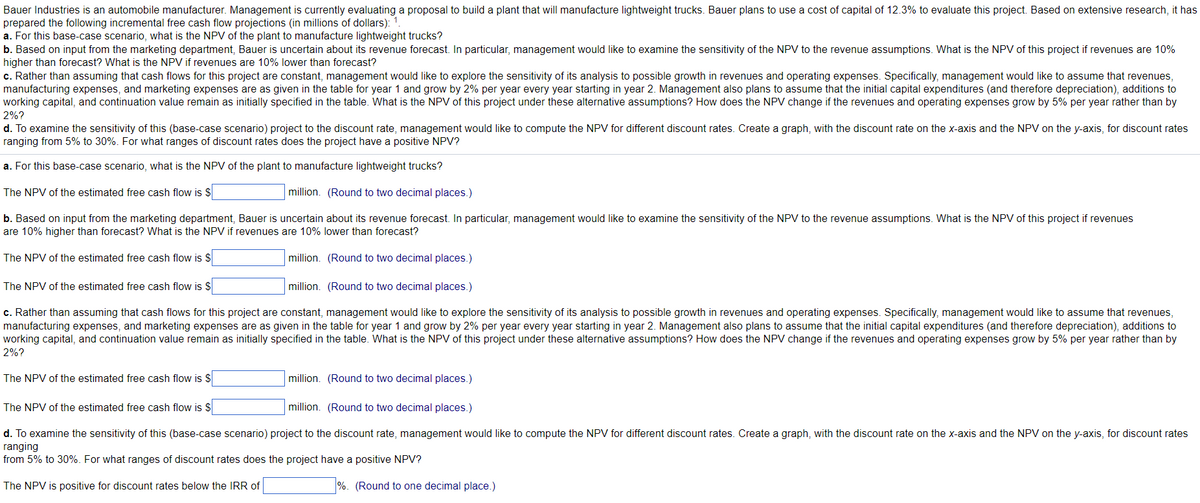 Bauer Industries is an automobile manufacturer. Management is currently evaluating a proposal to build a plant that will manufacture lightweight trucks. Bauer plans to use a cost of capital of 12.3% to evaluate this project. Based on extensive research, it has
prepared the following incremental free cash flow projections (in millions of dollars): 1.
a. For this base-case scenario, what is the NPV of the plant to manufacture lightweight trucks?
b. Based on input from the marketing department, Bauer is uncertain about its revenue forecast. In particular, management would like to examine the sensitivity of the NPV to the revenue assumptions. What is the NPV of this project if revenues are 10%
higher than forecast? What is the NPV if revenues are 10% lower than forecast?
c. Rather than assuming that cash flows for this project are constant, management would like to explore the sensitivity of its analysis to possible growth in revenues and operating expenses. Specifically, management would like to assume that revenues,
manufacturing expenses, and marketing expenses are as given in the table for year 1 and grow by 2% per year every year starting in year 2. Management also plans to assume that the initial capital expenditures (and therefore depreciation), additions to
working capital, and continuation value remain as initially specified in the table. What is the NPV of this project under these alternative assumptions? How does the NPV change if the revenues and operating expenses grow by 5% per year rather than by
2%?
d. To examine the sensitivity of this (base-case scenario) project to the discount rate, management would like to compute the NPV for different discount rates. Create a graph, with the discount rate on the x-axis and the NPV on the y-axis, for discount rates
ranging from 5% to 30%. For what ranges of discount rates does the project have a positive NPV?
a. For this base-case scenario, what is the NPV of the plant to manufacture lightweight trucks?
The NPV of the estimated free cash flow is $
million. (Round to two decimal places.)
b. Based on input from the marketing department, Bauer is uncertain about its revenue forecast. In particular, management would like to examine the sensitivity of the NPV to the revenue assumptions. What is the NPV of this project if revenues
are 10% higher than forecast? What is the NPV if revenues are 10% lower than forecast?
The NPV of the estimated free cash flow is $
million. (Round to two decimal places.)
The NPV of the estimated free cash flow is $
million. (Round to two decimal places.)
c. Rather than assuming that cash flows for this project are constant, management would like to explore the sensitivity of its analysis to possible growth in revenues and operating expenses. Specifically, management would like to assume that revenues,
manufacturing expenses, and marketing expenses are as given in the table for year 1 and grow by 2% per year every year starting in year 2. Management also plans to assume that the initial capital expenditures (and therefore depreciation), additions to
working capital, and continuation value remain as initially specified in the table. What is the NPV of this project under these alternative assumptions? How does the NPV change if the revenues and operating expenses grow by 5% per year rather than by
2%?
The NPV of the estimated free cash flow is $
million. (Round to two decimal places.)
The NPV of the estimated free cash flow is $
million. (Round to two decimal places.)
d. To examine the sensitivity of this (base-case scenario) project to the discount rate, management would like to compute the NPV for different discount rates. Create a graph, with the discount rate on the x-axis and the NPV on the y-axis, for discount rates
ranging
from 5% to 30%. For what ranges of discount rates does the project have a positive NPV?
The NPV is positive for discount rates below the IRR of
%. (Round to one decimal place.)