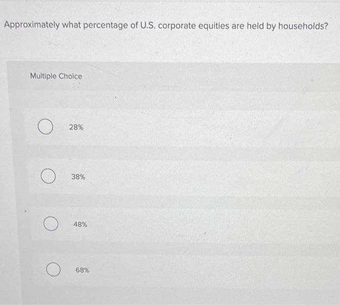 Approximately what percentage of U.S. corporate equities are held by households?
Multiple Choice
28%
О
О
38%
48%
68%