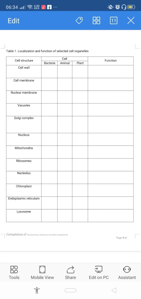 06:34 .. G KB/S
4.00
63
Edit
11
Table 1. Localization and function of selected cell organelles
Cell
Cell structure
Function
Bacteria
Animal
Plant
Cell wall
Cell membrane
Nuclear membrane
Vacuoles
Golgi complex
Nucleus
Mitochondria
Ribosomes
Nucleolus
Chloroplast
Endoplasmic reticulum
Lysosome
Compilation of Biachemistry Laboratory Activities Prepared by
Page 4 of
DO
Dם
Tools
Mobile View
Share
Edit on PC
Assistant
88
