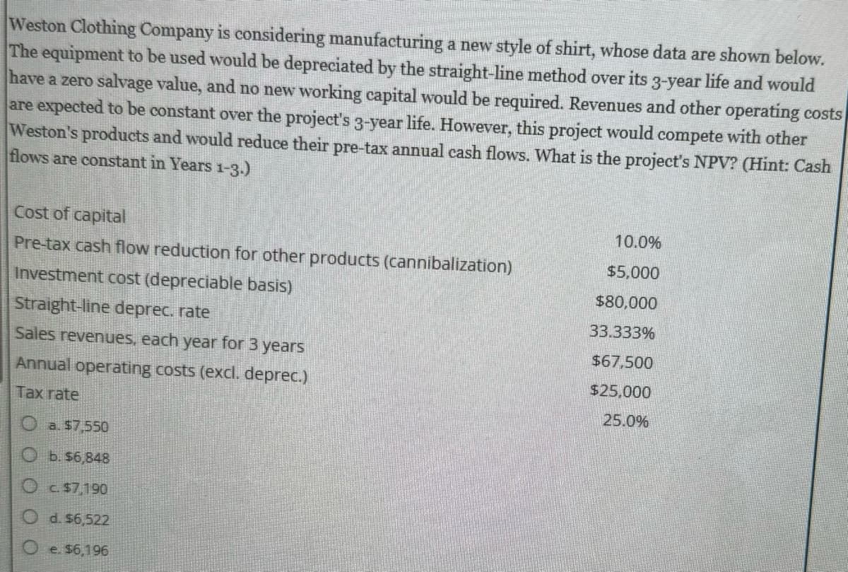 Weston Clothing Company is considering manufacturing a new style of shirt, whose data are shown below.
The equipment to be used would be depreciated by the straight-line method over its 3-year life and would
have a zero salvage value, and no new working capital would be required. Revenues and other operating costs
are expected to be constant over the project's 3-year life. However, this project would compete with other
Weston's products and would reduce their pre-tax annual cash flows. What is the project's NPV? (Hint: Cash
flows are constant in Years 1-3.)
Cost of capital
Pre-tax cash flow reduction for other products (cannibalization)
Investment cost (depreciable basis)
Straight-line deprec. rate
Sales revenues, each year for 3 years
Annual operating costs (excl. deprec.)
Tax rate
O a. $7,550
b. $6,848
c. $7,190
d. $6,522
Oe. $6,196
10.0%
$5,000
$80,000
33.333%
$67,500
$25,000
25.0%