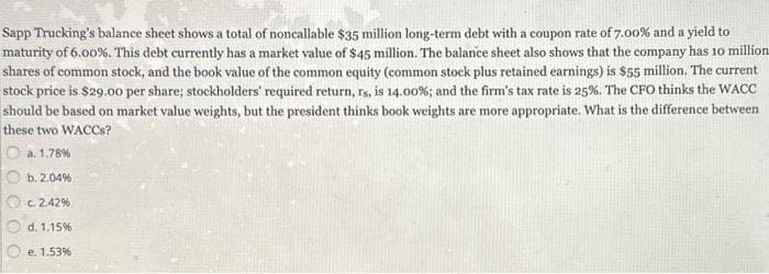 Sapp Trucking's balance sheet shows a total of noncallable $35 million long-term debt with a coupon rate of 7.00% and a yield to
maturity of 6.00%. This debt currently has a market value of $45 million. The balance sheet also shows that the company has 10 million
shares of common stock, and the book value of the common equity (common stock plus retained earnings) is $55 million. The current
stock price is $29.00 per share; stockholders' required return, rs, is 14.00%; and the firm's tax rate is 25%. The CFO thinks the WACC
should be based on market value weights, but the president thinks book weights are more appropriate. What is the difference between
these two WACCs?
a. 1.78%
b. 2.04%
c. 2.42%
d. 1.15%
e. 1.53%